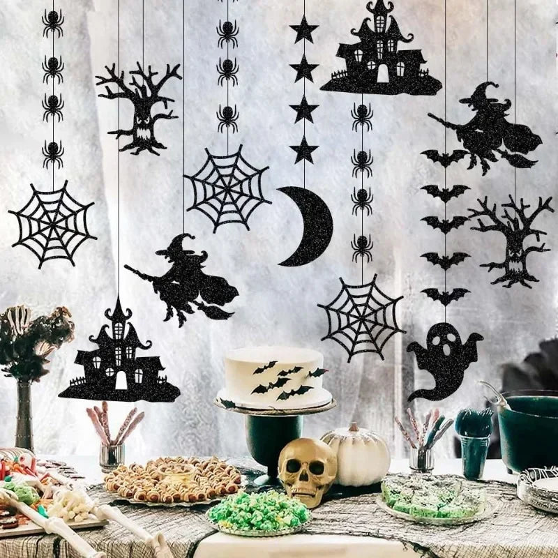 Spooky Halloween Hanging Banner Garland: Spider, Witch, Ghost & Bat Decorations