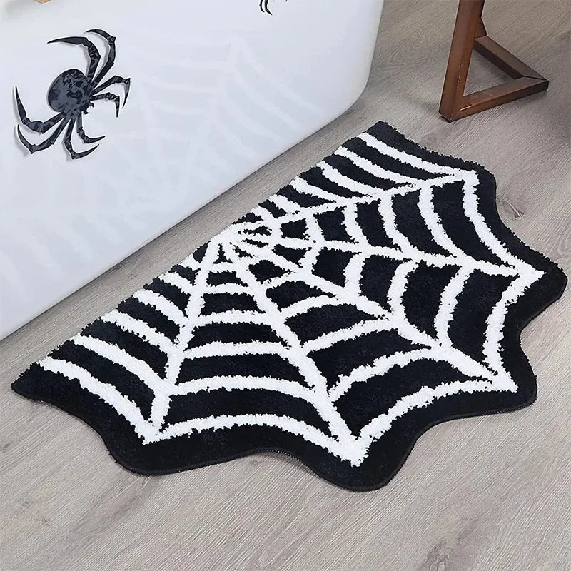 Black Spider Web Halloween Rug - Non-Slip Tufted Bath Mat for Spooky Halloween Home Decor