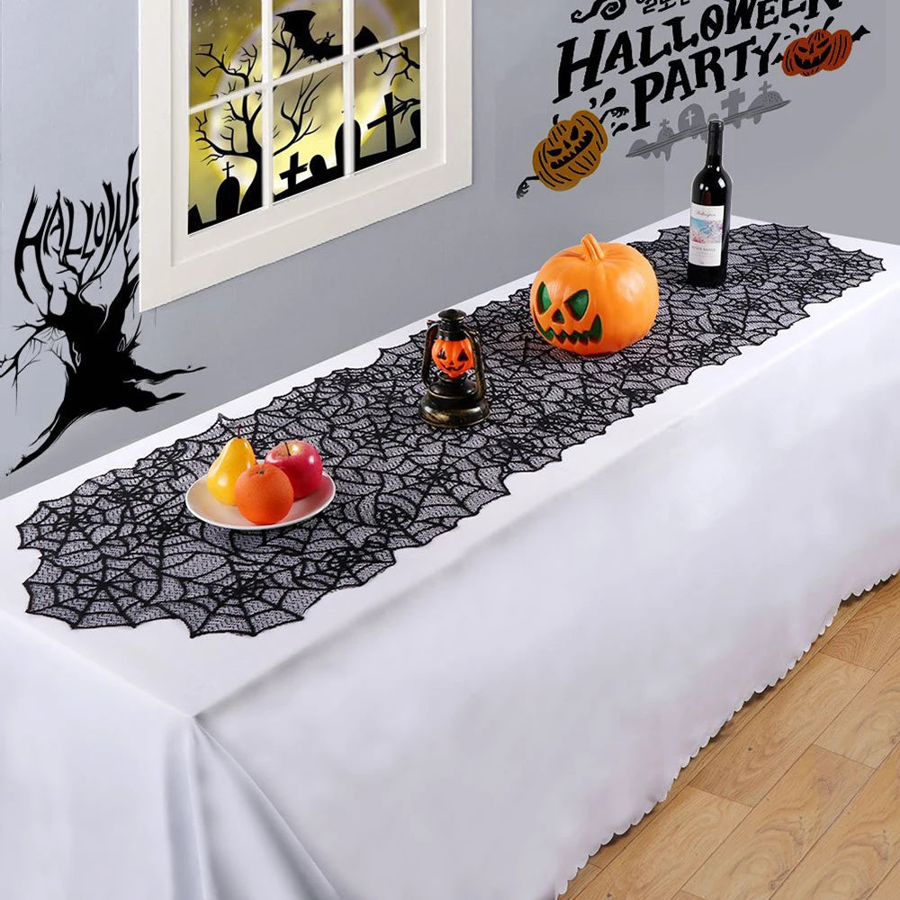 Halloween Spider Web Lace Table Runner - Black Tablecloth for Mantel & Home Decor 2024