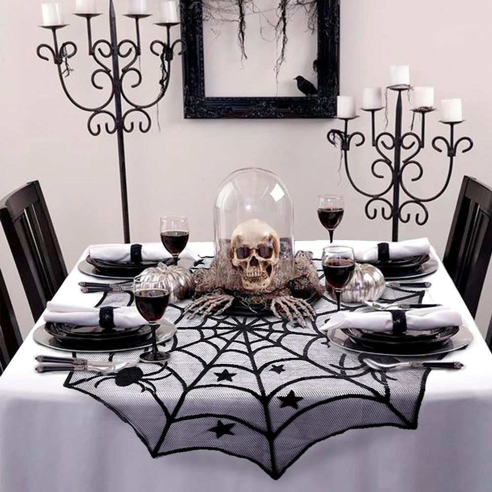 Halloween Spider Web Lace Table Runner - Black Tablecloth for Mantel & Home Decor 2024