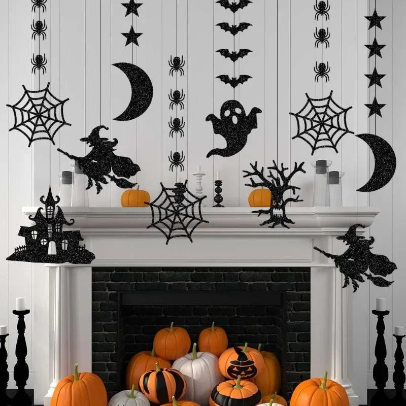 Spooky Halloween Hanging Banner Garland: Spider, Witch, Ghost & Bat Decorations