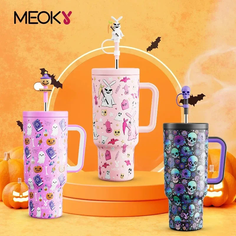 Meoky 40oz Halloween Insulated Tumbler with Straw, Portable Car Coffee Mug Tumbler