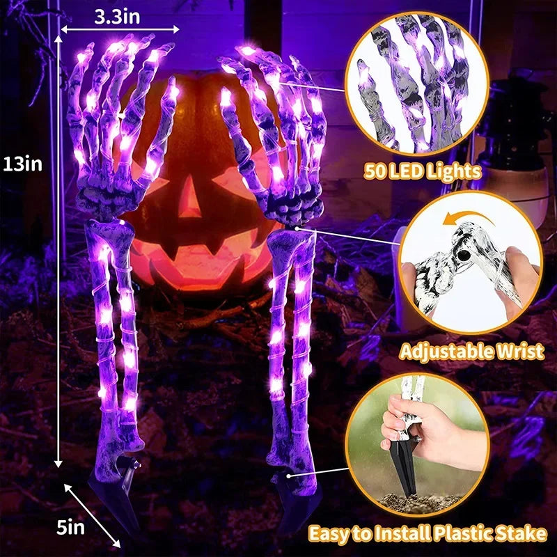 Halloween Skeleton Hand Garden Ornament - Solar LED Glowing Ghost Hands Decoration