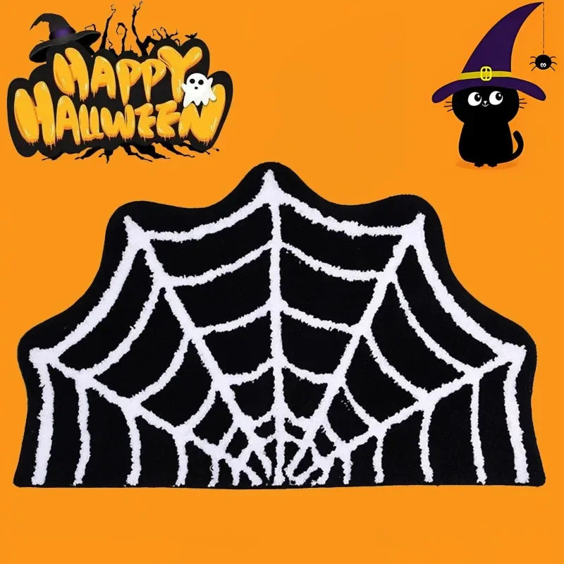 Black Spider Web Halloween Rug - Non-Slip Tufted Bath Mat for Spooky Halloween Home Decor