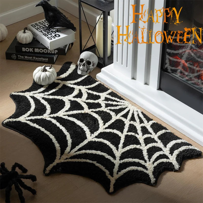 Black Spider Web Halloween Rug - Non-Slip Tufted Bath Mat for Spooky Halloween Home Decor