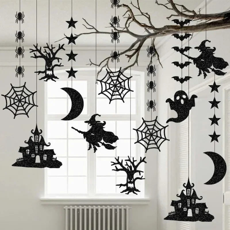 Spooky Halloween Hanging Banner Garland: Spider, Witch, Ghost & Bat Decorations