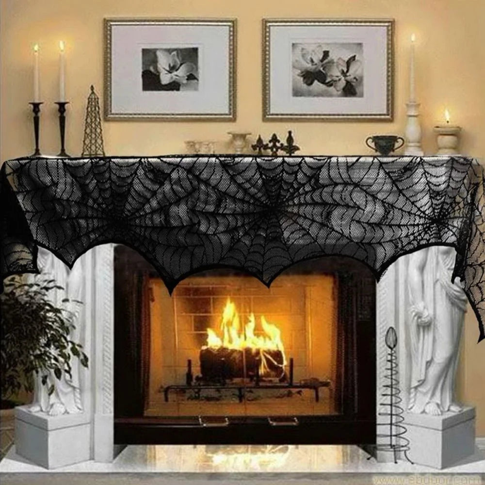 Halloween Spider Web Lace Table Runner - Black Tablecloth for Mantel & Home Decor 2024