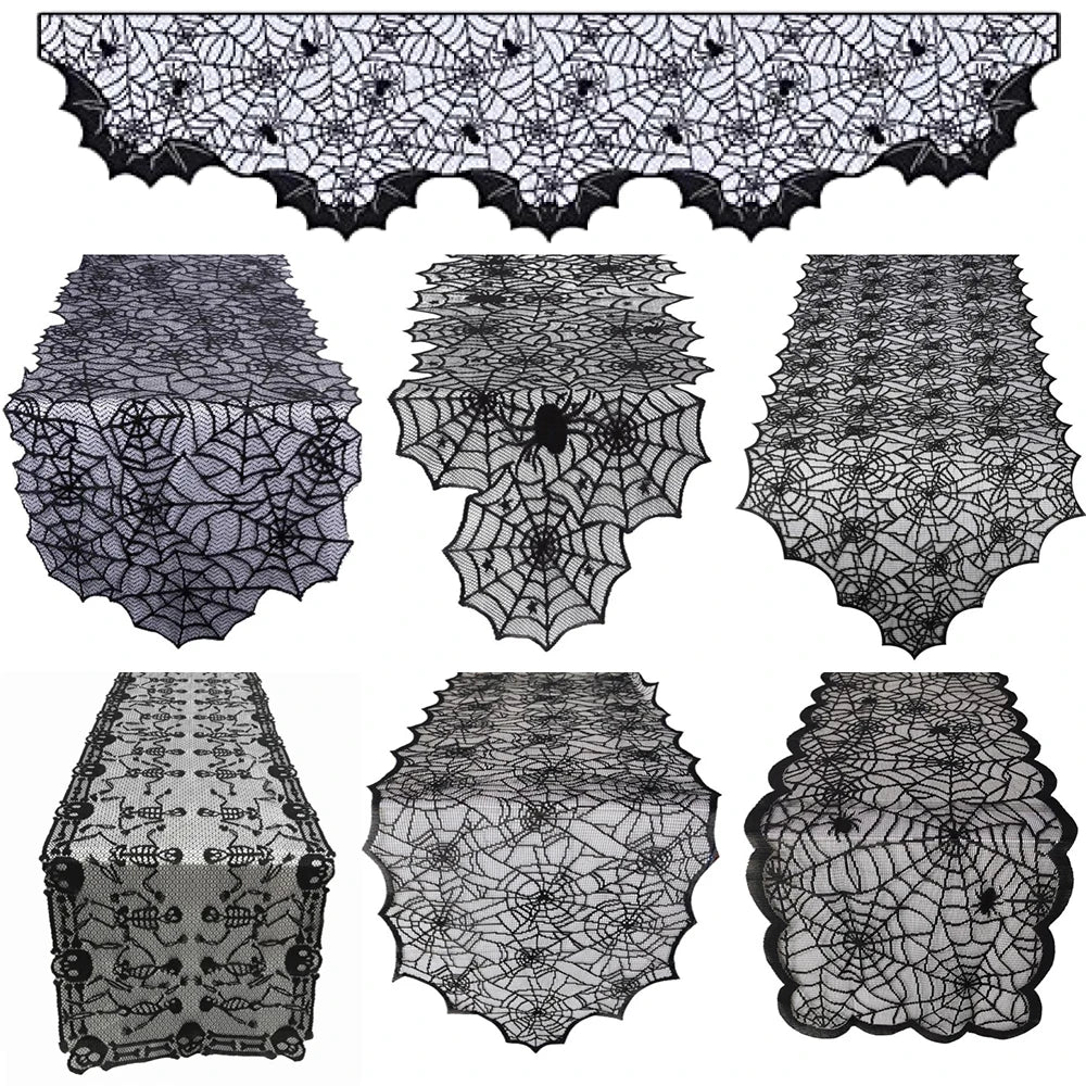 Halloween Spider Web Lace Table Runner - Black Tablecloth for Mantel & Home Decor 2024