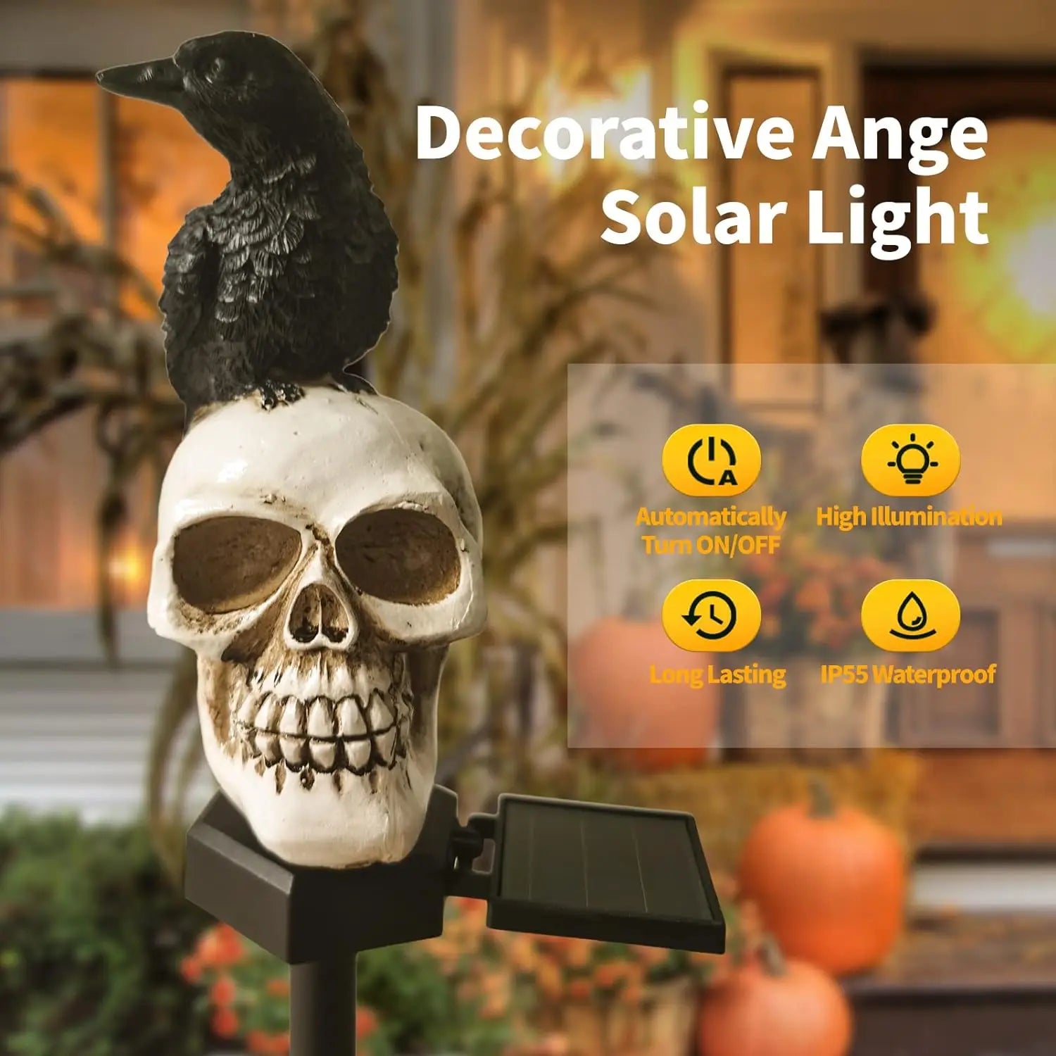 Halloween Crow Skull Solar LED Light - Outdoor Skeleton Ghost Decoration